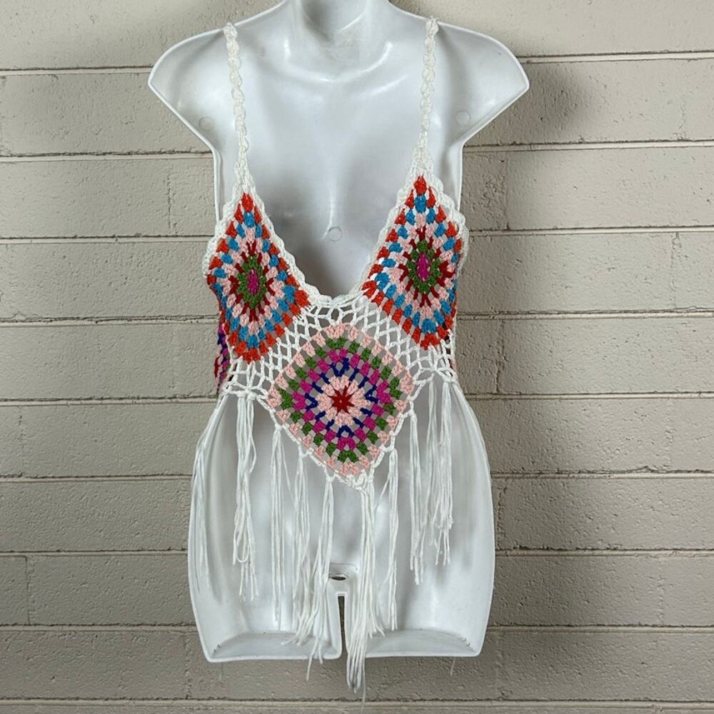 Rebellion Again Top Womens Multicolor Festival Crochet Tank Size S - Picture 3 of 8